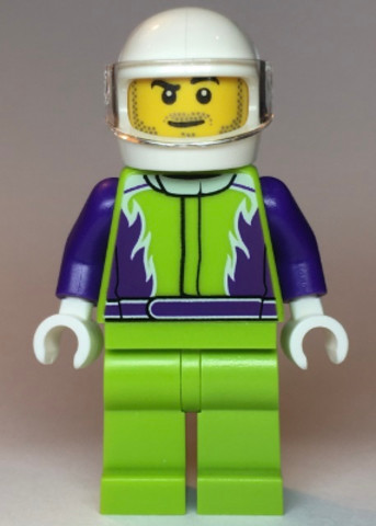 LEGO® Minifigurák cty1107 - Monster Truck Driver, Lime Legs and Jacket with Purple Flames and Arms, White Helmet