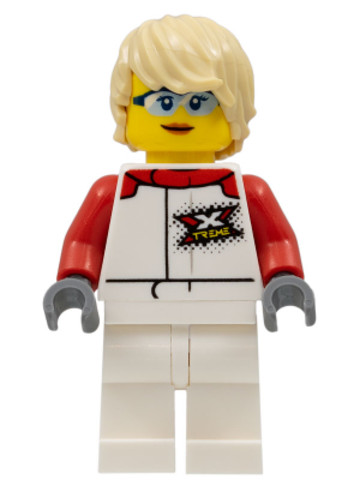 LEGO® Minifigurák cty1111 - Female, White and Red Jumpsuit with 'XTREME' Logo, Tan Tousled Hair, Sunglasses and Closed Mouth Gri