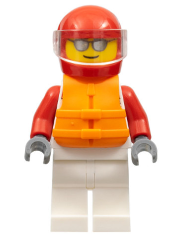 LEGO® Minifigurák cty1112 - Male, White and Red Jumpsuit with 'XTREME' Logo, Red Helmet, Orange Life Jacket, Sunglasses