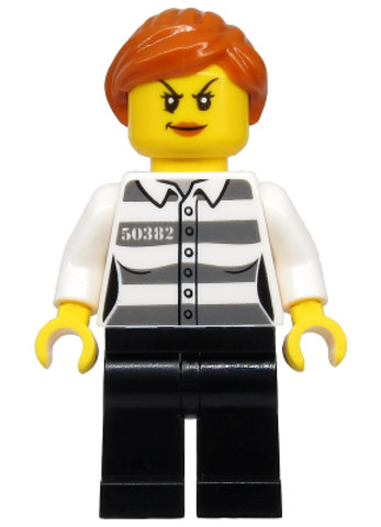 LEGO® Minifigurák cty1129 - Police - Jail Prisoner 50382 Prison Stripes, Female, Black Legs, Scowl with Peach Lips, Orange Ponyt