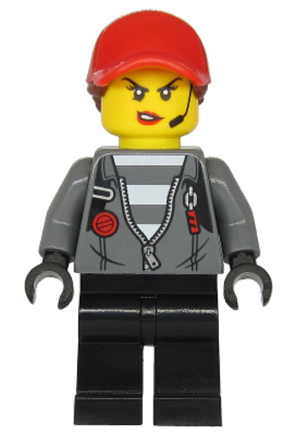 LEGO® Minifigurák cty1142 - Police - Jail Prisoner Jacket over Prison Stripes, Female, Black Legs, Red Cap with Ponytail