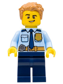 Police - City Officer Shirt with Dark Blue Tie and Gold Badge, Dark Tan Belt with Radio, Dark Blue L