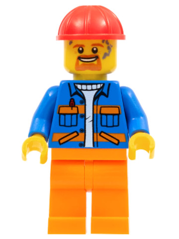 LEGO® Minifigurák cty1161 - Blue Jacket with Diagonal Lower Pockets and Orange Stripes, Orange Legs, Red Construction Helmet