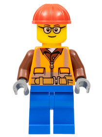 Construction Worker - Male, Orange Safety Vest, Reflective Stripes, Reddish Brown Shirt, Blue Legs, 