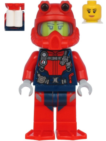 LEGO® Minifigurák cty1179 - Scuba Diver - Female, Peach Lips Smile, Red Helmet, White Air Tanks, Red Flippers