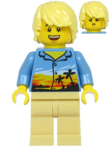 LEGO® Minifigurák cty1184 - Plane Passenger - Male, Bright Light Yellow Hair, Medium Blue Hawaiian Shirt, Tan Legs