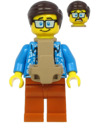 LEGO® Minifigurák cty1185 - Plane Passenger - Male, Dark Brown Hair, Dark Azure Hawaiian Shirt, Dark Orange Legs, Baby Carrier