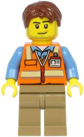 LEGO® Minifigurák cty1187 - Air Traffic Controller - Male, Reddish Brown Hair, Orange Safety Vest, Dark Tan Legs