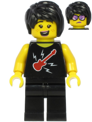 LEGO® Minifigurák cty1188 - Plane Passenger - Female, Black Hair, Black Sleeveless Top with Red Guitar, Black Legs