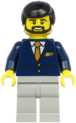 LEGO® Minifigurák cty1190 - Steward - Male, Black Hair, Dark Blue Suit with Striped Tie, Light Bluish Gray Legs