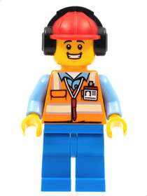 Ground Crew - Male, Orange Safety Vest with Reflective Stripes, Blue Legs, Red Construction Helmet w