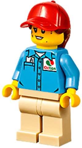 LEGO® Minifigurák cty1194 - Ground Crew - Female, Medium Blue Shirt with 'Octan' Logo, Tan Legs, Red Ball Cap with Reddish Brown
