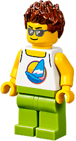 LEGO® Minifigurák cty1196 - Plane Passenger - Male, White Tank Top with Dark Azure Sailboat, Lime Legs, Reddish Brown Hair Spike