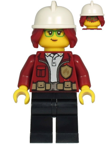 LEGO® Minifigurák cty1211 - Fire Chief, Female - Freya McCloud, Dark Red Jacket, Black Legs, White Fire Helmet, Dark Red Hair