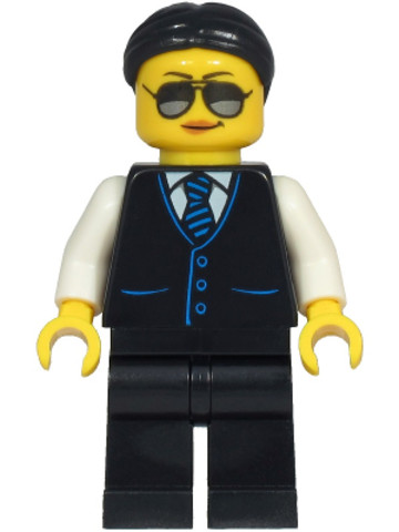 LEGO® Minifigurák cty1212 - Limousine Driver - Female, Black Vest with Blue Striped Tie, Black Legs, Black Hair, Sunglasses and 