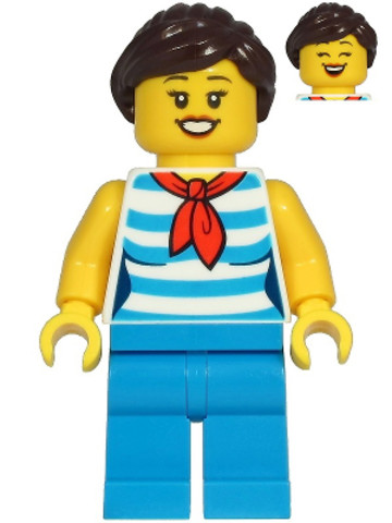 LEGO® Minifigurák cty1213 - Diner Employee - Female, White and Dark Azure Striped Shirt, Dark Azure Legs, Dark Brown Hair