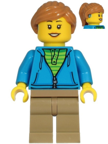 LEGO® Minifigurák cty1221 - Woman - Dark Azure Hoodie, Dark Tan Legs, Medium Nougat Hair, Hearing Aid