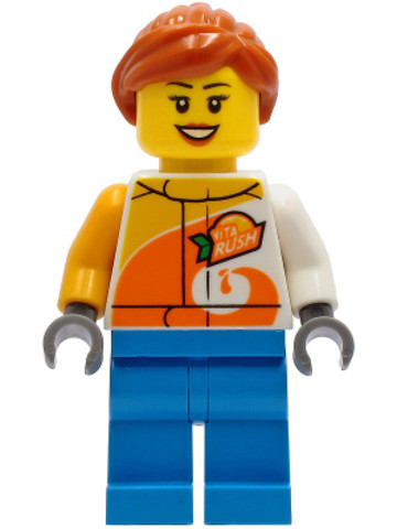 LEGO® Minifigurák cty1228 - Female - Jacket with 'ViTA RUSH' Logo, Dark Azure Legs, Dark Orange Hair