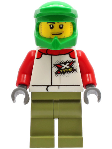 LEGO® Minifigurák cty1231 - Wheelchair Athlete - Male, White Jacket with 'XTREME' Logo, Olive Green Legs, Bright Green Dirt Bike