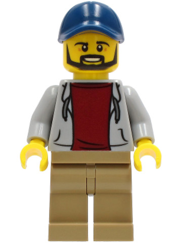 LEGO® Minifigurák cty1232 - Dad - Light Bluish Gray Hoodie with Dark Red Shirt, Dark Tan Legs, Dark Blue Cap