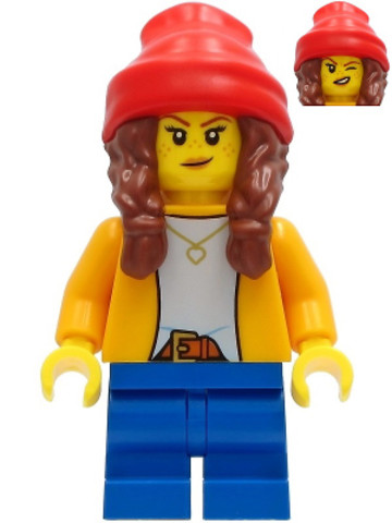 LEGO® Minifigurák cty1235 - Girl - Bright Light Orange Jacket, Blue Medium Short Legs, Reddish Brown Hair with Braids, Red Beani