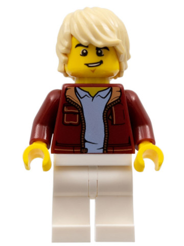 LEGO® Minifigurák cty1236 - Man, Dark Red Jacket with Bright Light Blue Shirt, White Legs, Tan Tousled Hair, Lopsided Grin (Car 