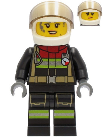 LEGO® Minifigurák cty1240 - Fire - Female, Black Jacket and Legs with Reflective Stripes and Red Collar, White Helmet, Trans-Bla