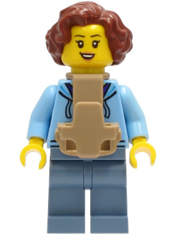 LEGO® Minifigurák cty1245 - Woman - Bright Light Blue Hoodie over Dark Purple Star Shirt, Sand Blue Legs, Reddish Brown Hair, Ba