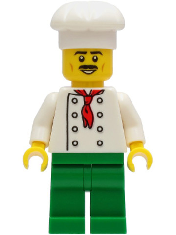 LEGO® Minifigurák cty1247 - Chef - White Torso with 8 Buttons, No Wrinkles Front or Back, Green Legs, White Chef Toque