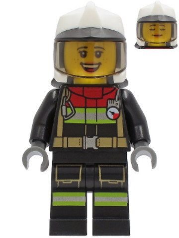 LEGO® Minifigurák cty1250 - Fire - Female, Black Jacket and Legs with Reflective Stripes and Red Collar, White Fire Helmet, Tran