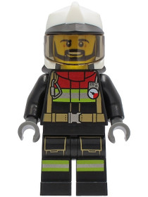 Fire - Male, Black Jacket and Legs with Reflective Stripes and Red Collar, White Fire Helmet, Trans-