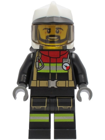 LEGO® Minifigurák cty1251 - Fire - Male, Black Jacket and Legs with Reflective Stripes and Red Collar, White Fire Helmet, Trans-