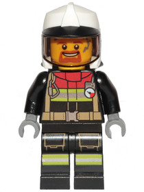 Fire - Male, Black Jacket and Legs with Reflective Stripes and Red Collar, White Fire Helmet, Trans-
