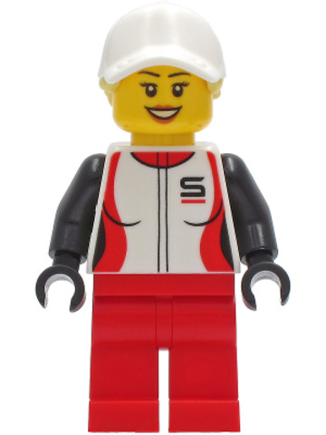 LEGO® Minifigurák cty1269 - Woman - Red and White Race Jacket, Red Legs, White Cap with Bright Light Yellow Hair