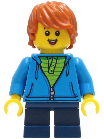 LEGO® Minifigurák cty1271 - Boy - Dark Azure Hoodie with Green Striped Shirt, Dark Blue Short Legs, Dark Orange Hair, Freckles, 