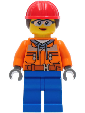 LEGO® Minifigurák cty1272 - Construction Worker - Female, Orange Safety Jacket, Reflective Stripe, Sand Blue Hoodie, Blue Legs, 