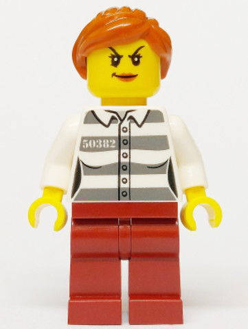 LEGO® Minifigurák cty1275 - Police - Jail Prisoner 50382 Prison Stripes, Female, Dark Red Legs, Scowl with Peach Lips, Orange Po