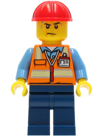 Construction Worker - Orange Safety Vest with Reflective Stripes, Dark Blue Legs, Red Construction H