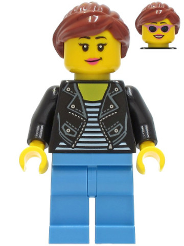 LEGO® Minifigurák cty1283 - Car Driver - Female, Black Leather Jacket, Medium Blue Legs, Reddish Brown Hair