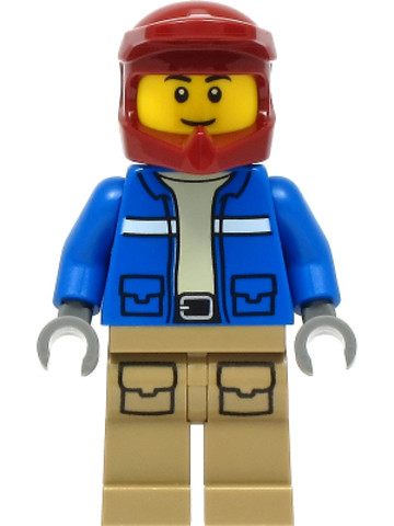 LEGO® Minifigurák cty1295 - Wildlife Rescue Explorer - Male, Blue Jacket, Dark Red Helmet, Dark Tan Legs with Pockets, Thin Grin