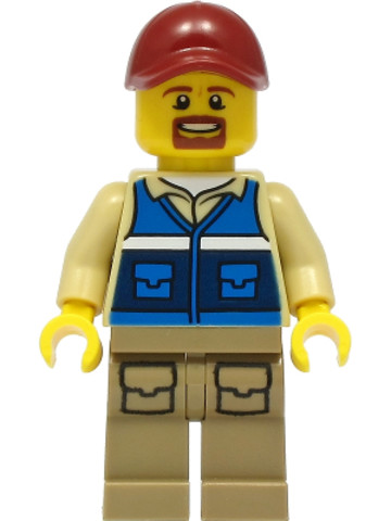 LEGO® Minifigurák cty1298 - Wildlife Rescue Worker - Male, Dark Red Cap, Blue Vest with 'RESCUE' Pattern on Back, Dark Tan Legs 