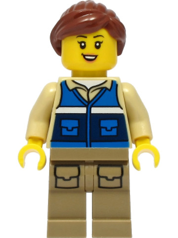 LEGO® Minifigurák cty1300 - Wildlife Rescue Worker - Female, Blue Vest with 'RESCUE' Pattern on Back, Dark Tan Legs with Pockets