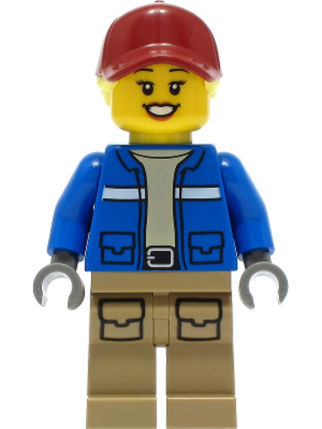 LEGO® Minifigurák cty1305 - Wildlife Rescue Explorer - Female, Blue Jacket, Dark Tan Legs with Pockets, Dark Red Cap, Bright Lig