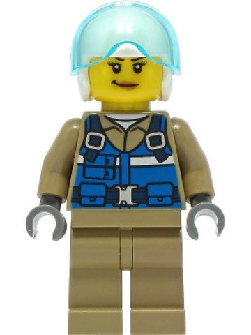 LEGO® Minifigurák cty1307 - Wildlife Rescue Pilot - Female, Blue Vest, White Helmet, Dark Tan Legs, Smirk