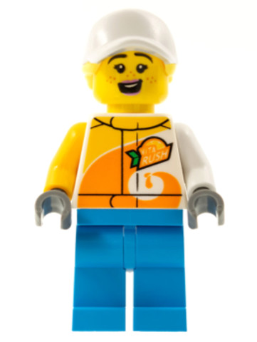 LEGO® Minifigurák cty1314 - Stuntz Crew - Female, Bright Light Orange and White 'ViTA RUSH' Jacket, Dark Azure Legs, White Cap w