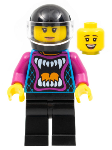 LEGO® Minifigurák cty1320 - Ann McCloud - Stuntz Driver, Dark Azure Jacket with Animal Mouth and Magenta Arms, Black Legs, Black