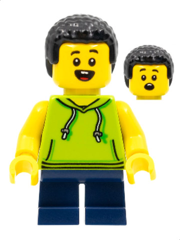 LEGO® Minifigurák cty1323 - Stuntz Spectator - Child Boy, Lime Hoodie, Dark Blue Short Legs, Black Coiled Hair