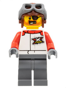 Stuntz Driver - Male, White Racing Jacket with Red Arms, Dark Bluish Gray Legs, Reddish Brown Aviato