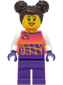Stuntz Driver - Female, Coral Racing Shirt with White Arms, Dark Purple Legs, Dark Brown Hair with B
