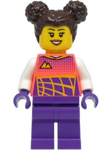 LEGO® Minifigurák cty1331 - Stuntz Driver - Female, Coral Racing Shirt with White Arms, Dark Purple Legs, Dark Brown Hair with B